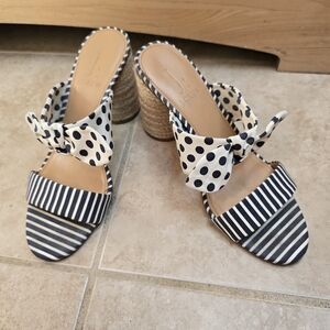 J. Crew Factory Raffia Round Block-Heel sandals Blue Polka Dot stripe  bow Sz 8